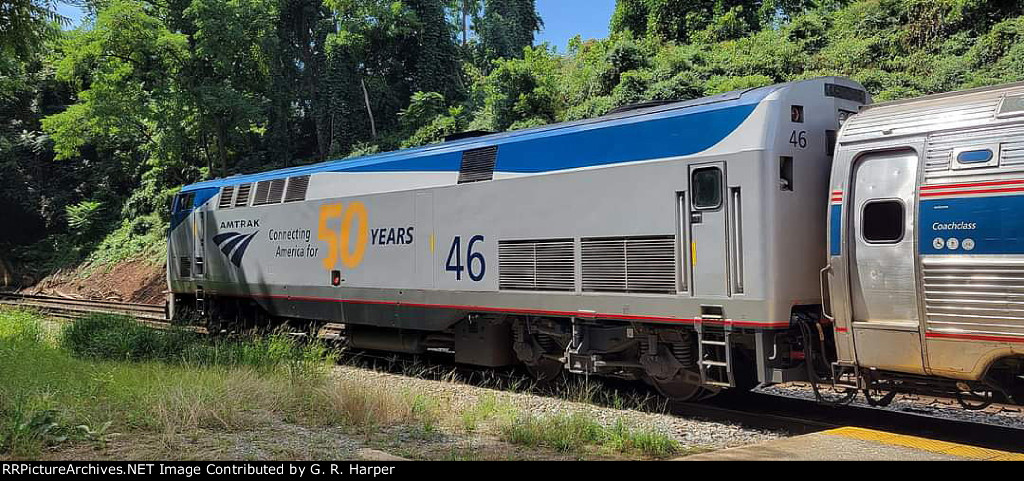 AMTK 46 on Regional train 151 is about to depart from Lynchburg en route to Roanoke